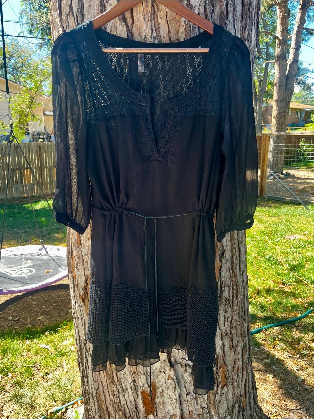 Vintage Black Lace-Detail Sheer Crochet Boho Dress by Free People